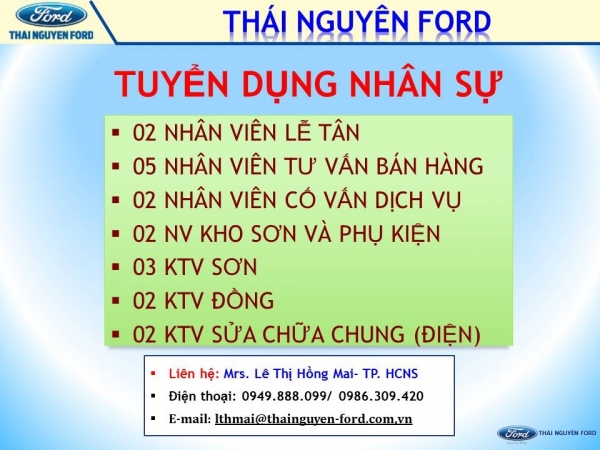 Thái Nguyên Ford Tuyển Dụng Tháng 8/2019